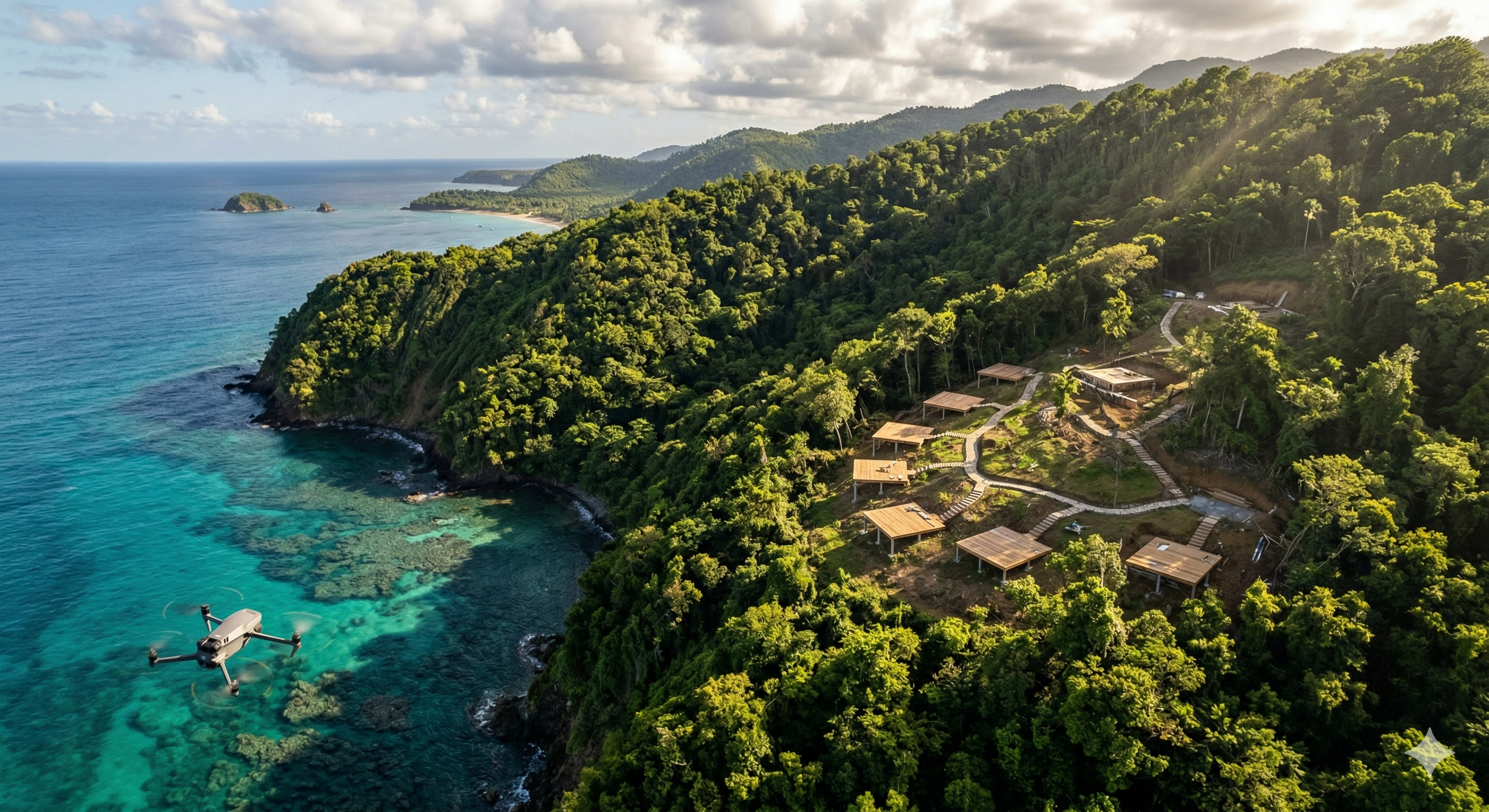 Vue drone éco-lodges littoral Guadeloupe