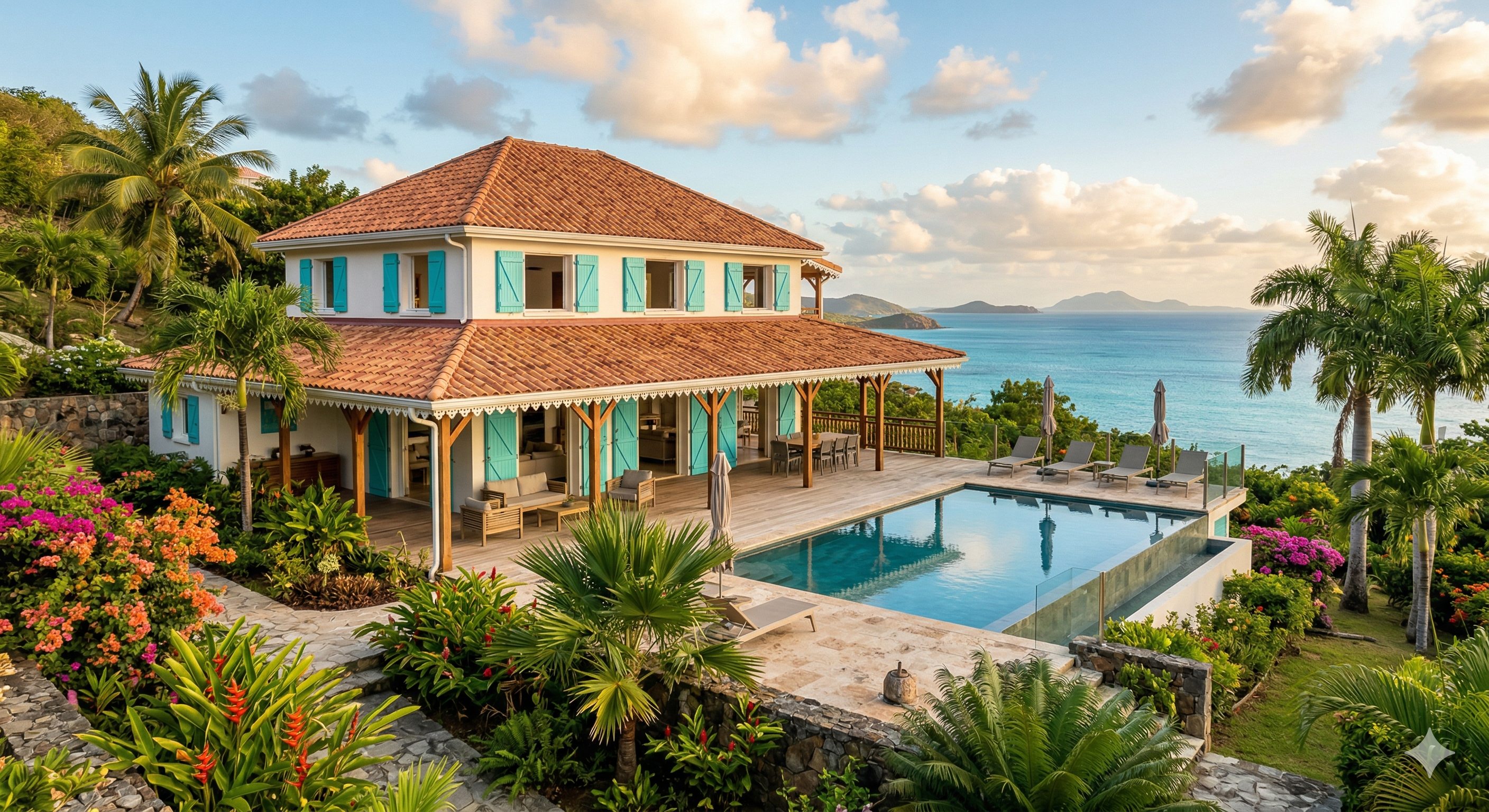 Villa créole avec piscine vue mer — rendu photoréaliste