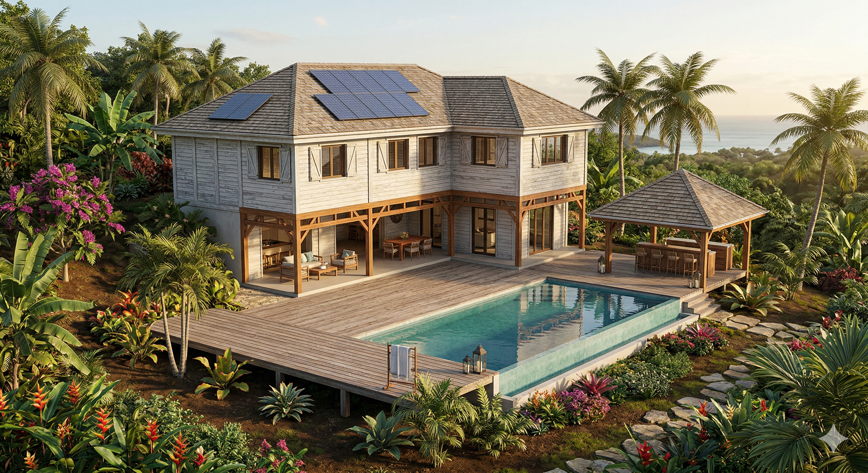 Villa moderne panneaux solaires — rendu photoréaliste